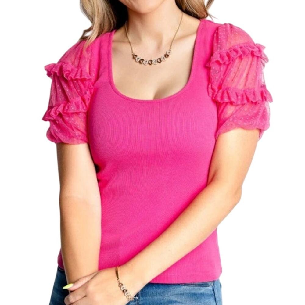 Maeve Bright Pink Ribbed Top Sheer Ruffled Sleeves Size MP Anthropologie Barbie